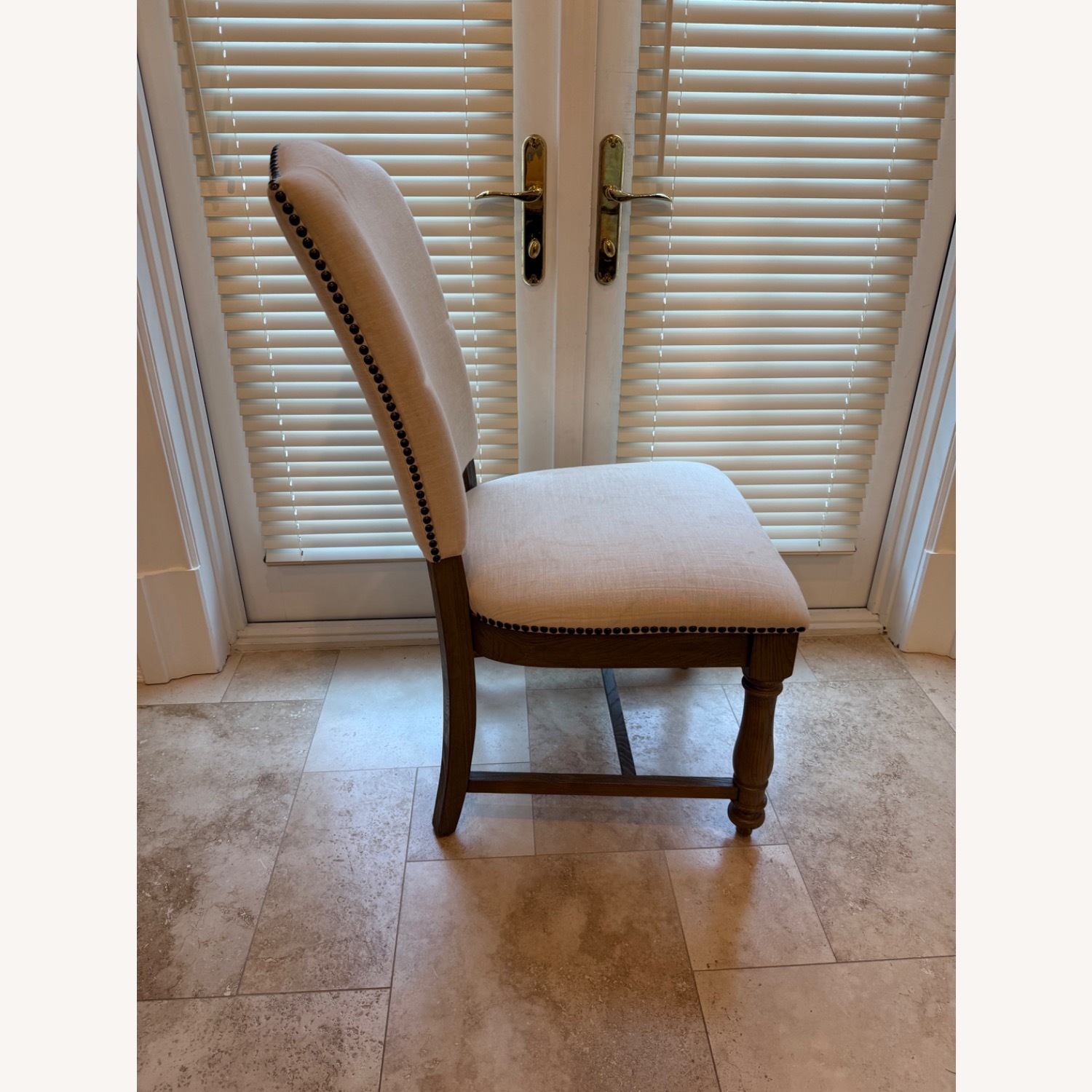 Restoration Hardware Wood and Fabric Dining Chairs With Nailheads - image-2