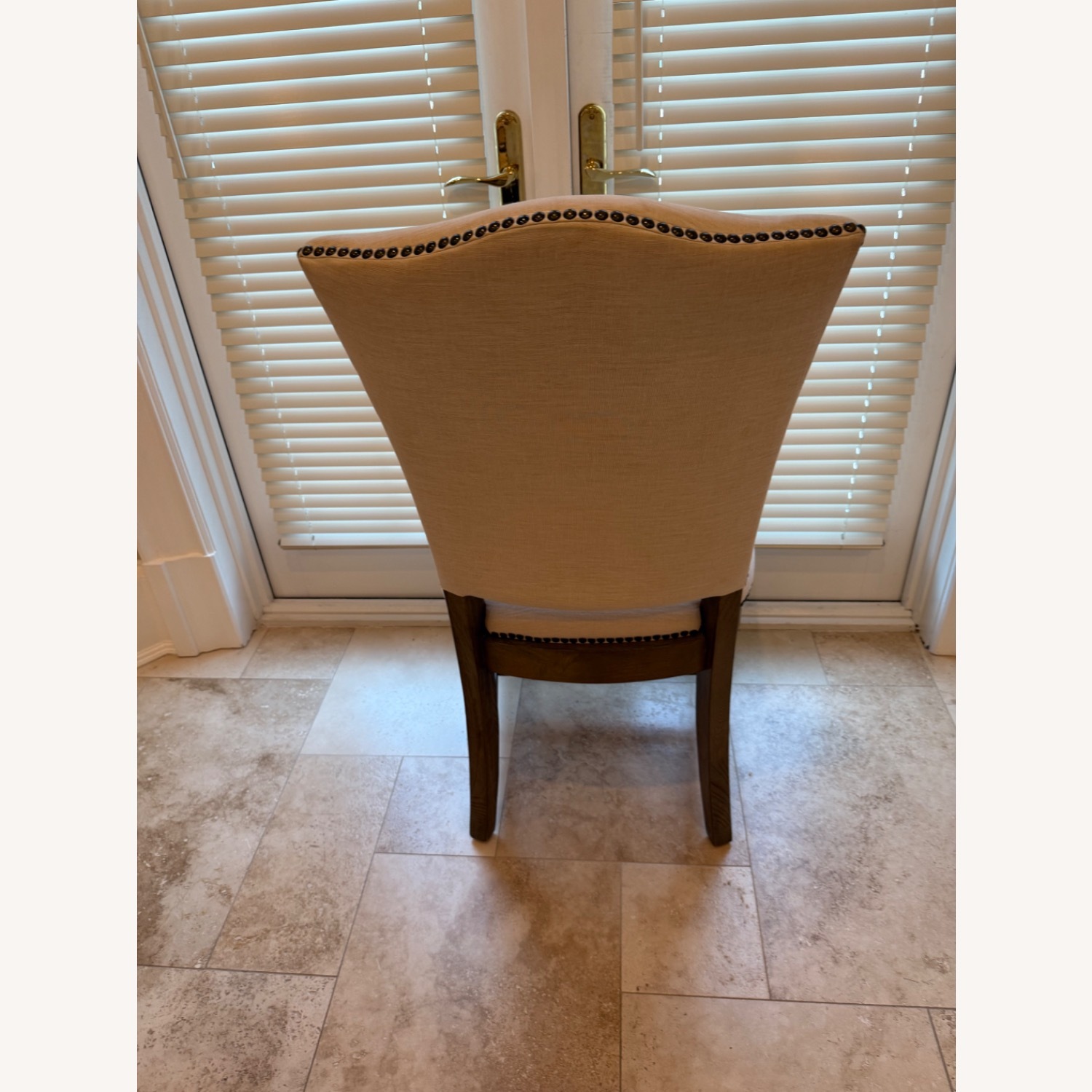 Restoration Hardware Wood and Fabric Dining Chairs With Nailheads - image-3