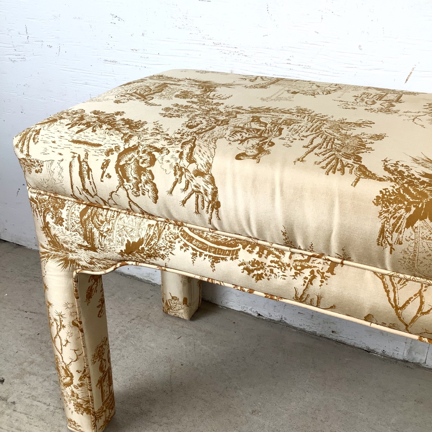 Louis XVI Style Upholstered Bench in Toile Fabric - image-8