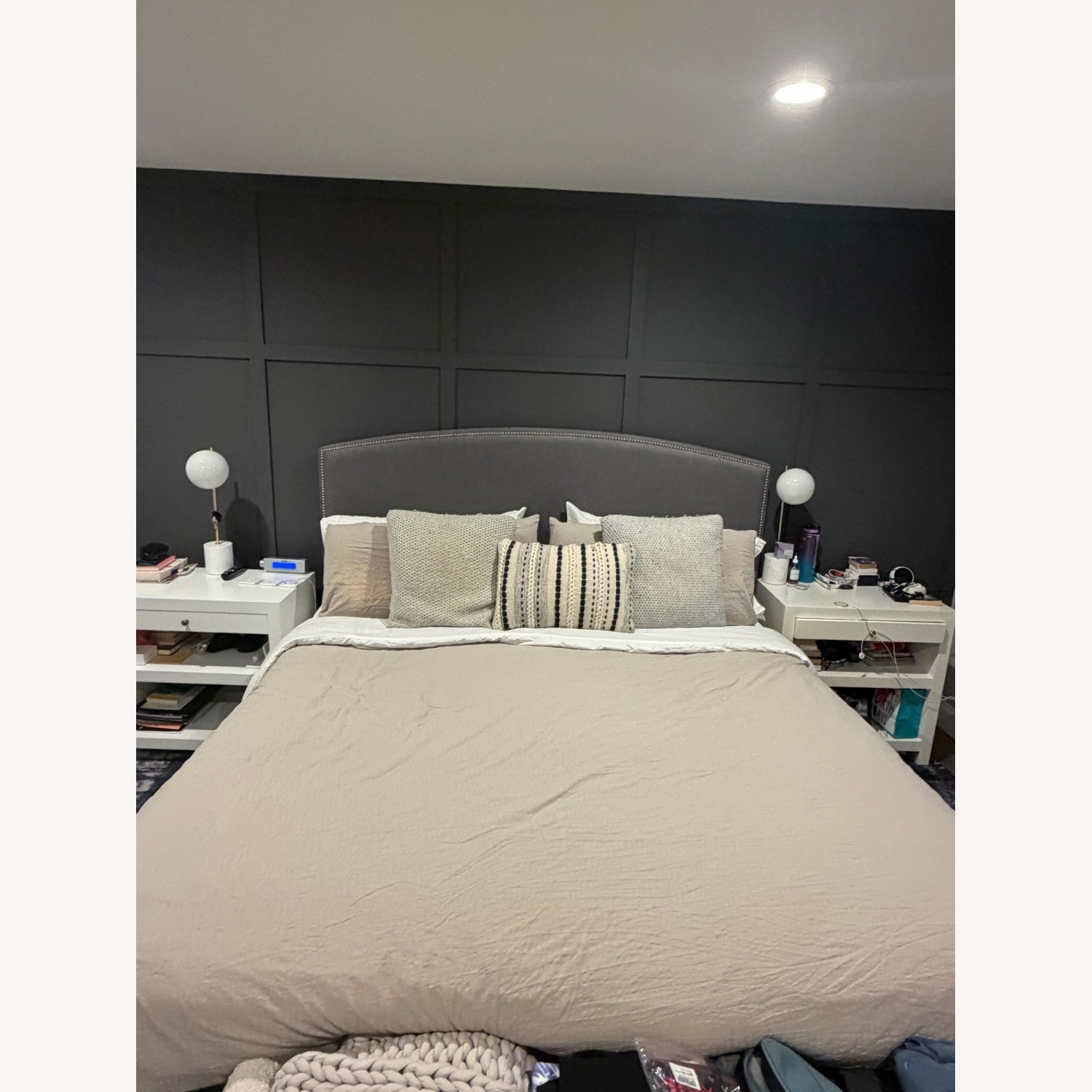 Pottery Barn Dark Gray Fabric King Bed - image-2