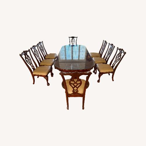 Used 8 Seater Dark Wooden Table with Glass Cover for sale on AptDeco