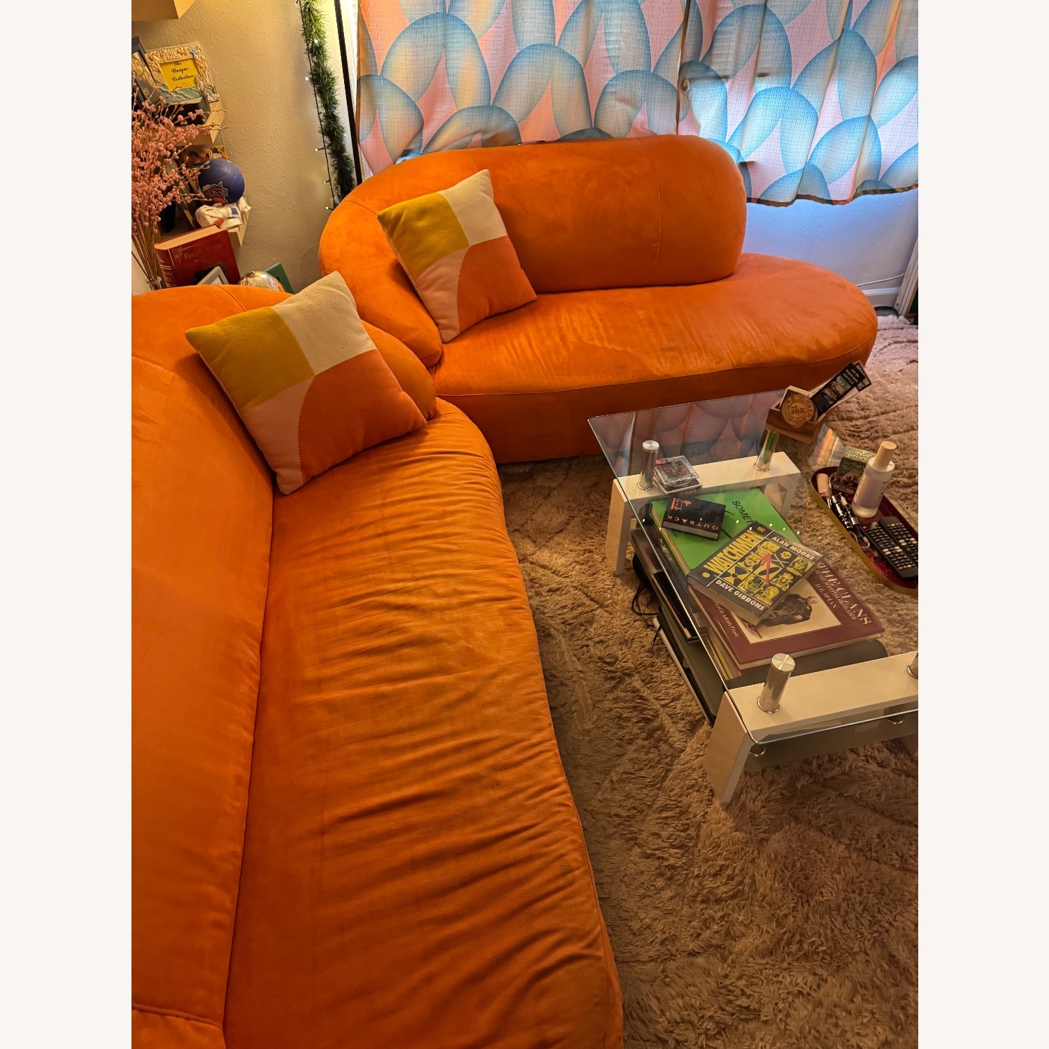 Vintage 70s Retro Orange Velvet 2 Seater Sofa - image-3