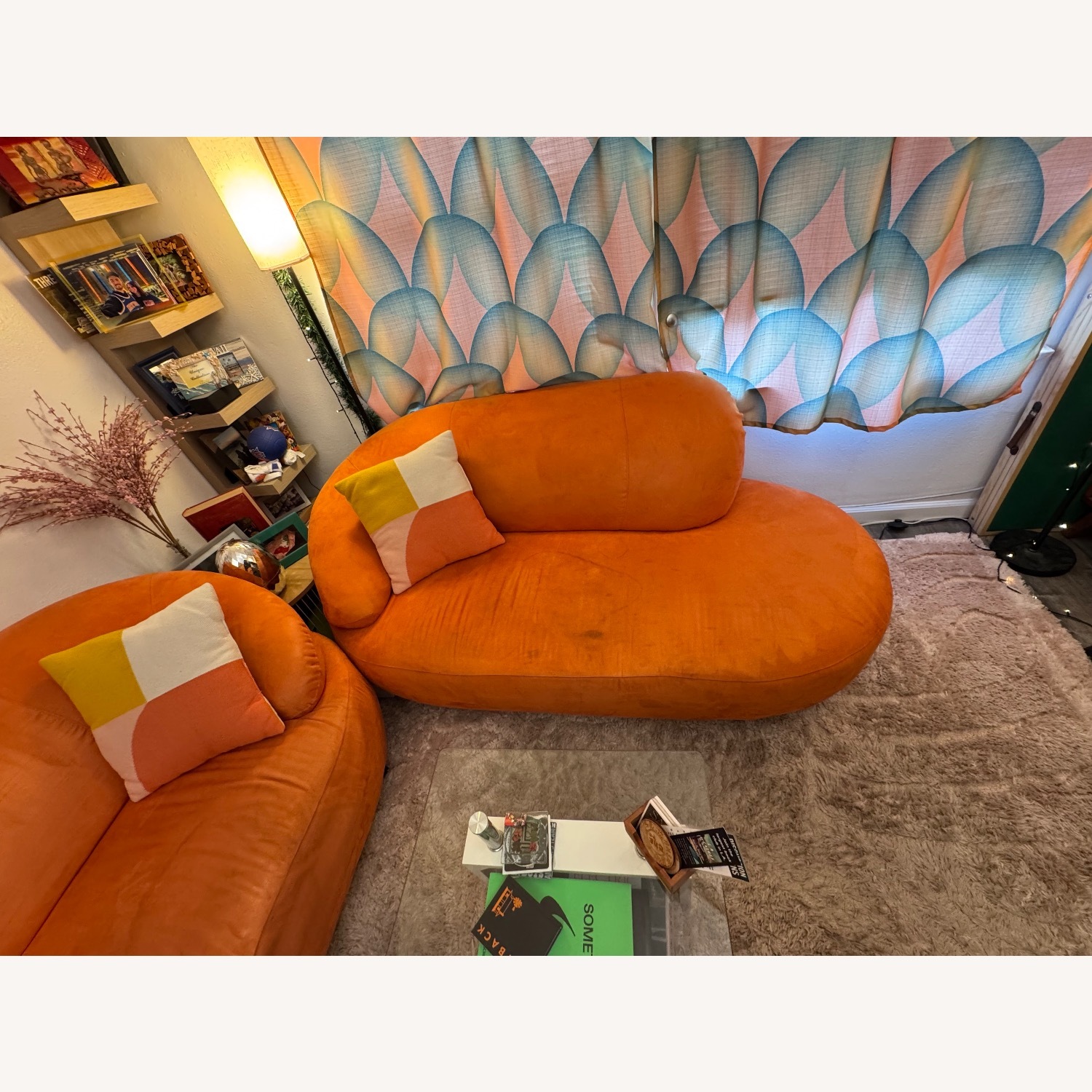 Vintage 70s Retro Orange Velvet 2 Seater Sofa - image-2