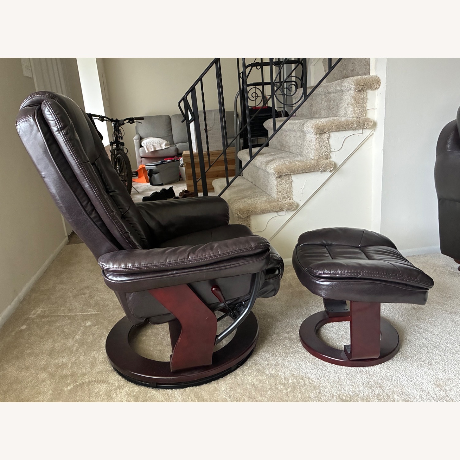 Dark Brown Leather Chair + Ottoman - image-2