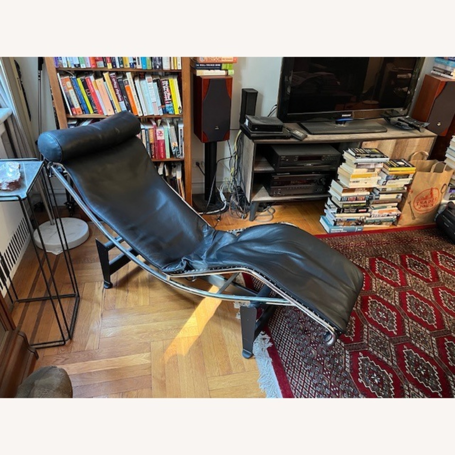 Mid Century Modern Black Leather Chrome Chaise - image-1