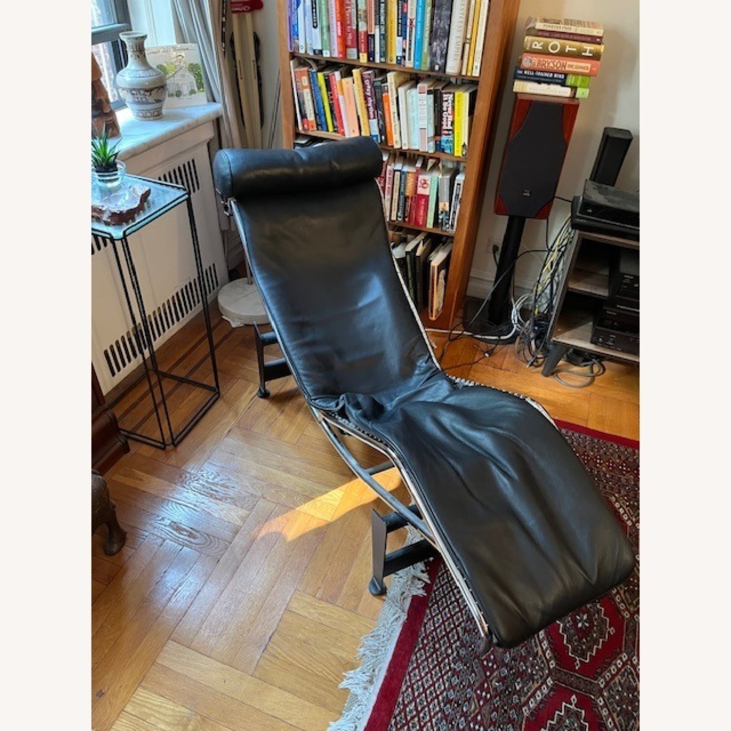 Mid Century Modern Black Leather Chrome Chaise - image-4