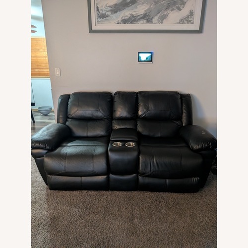 Used Value City Furniture Black Faux Leather Loveseat for sale on AptDeco