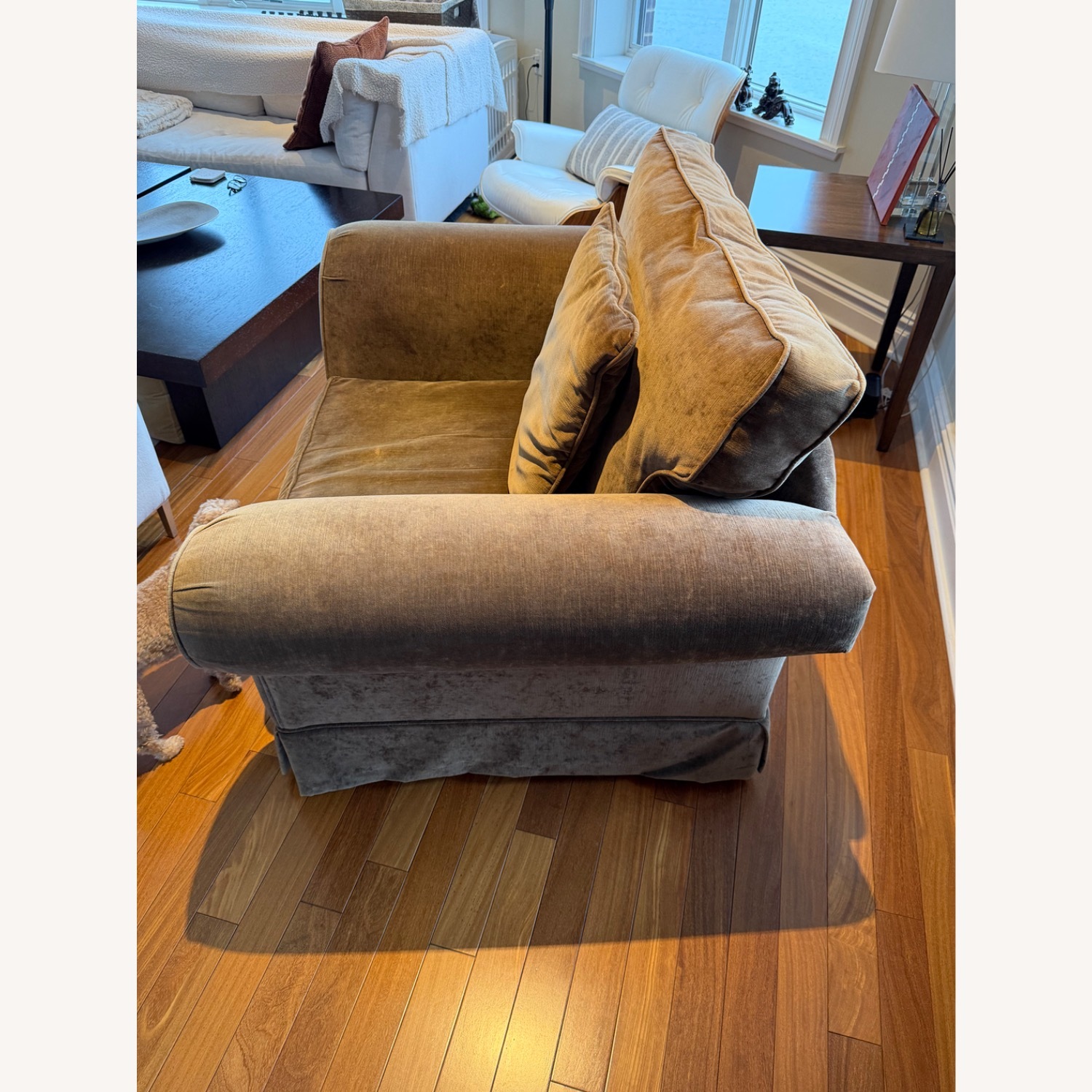 Restoration Hardware Dark Brown Fabric Armchair - image-1