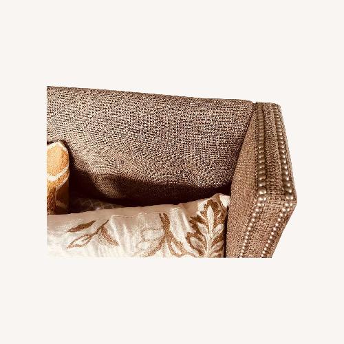 Used Luxury Nailhead Brown Tweed Queen Bed for sale on AptDeco