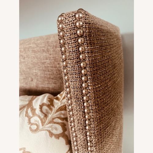 Used Luxury Nailhead Brown Tweed Queen Bed for sale on AptDeco