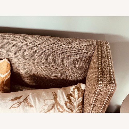 Used Luxury Nailhead Brown Tweed Queen Bed for sale on AptDeco