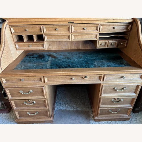 Used Natural Wood Roll Top Desk with Marble Surface for sale on AptDeco