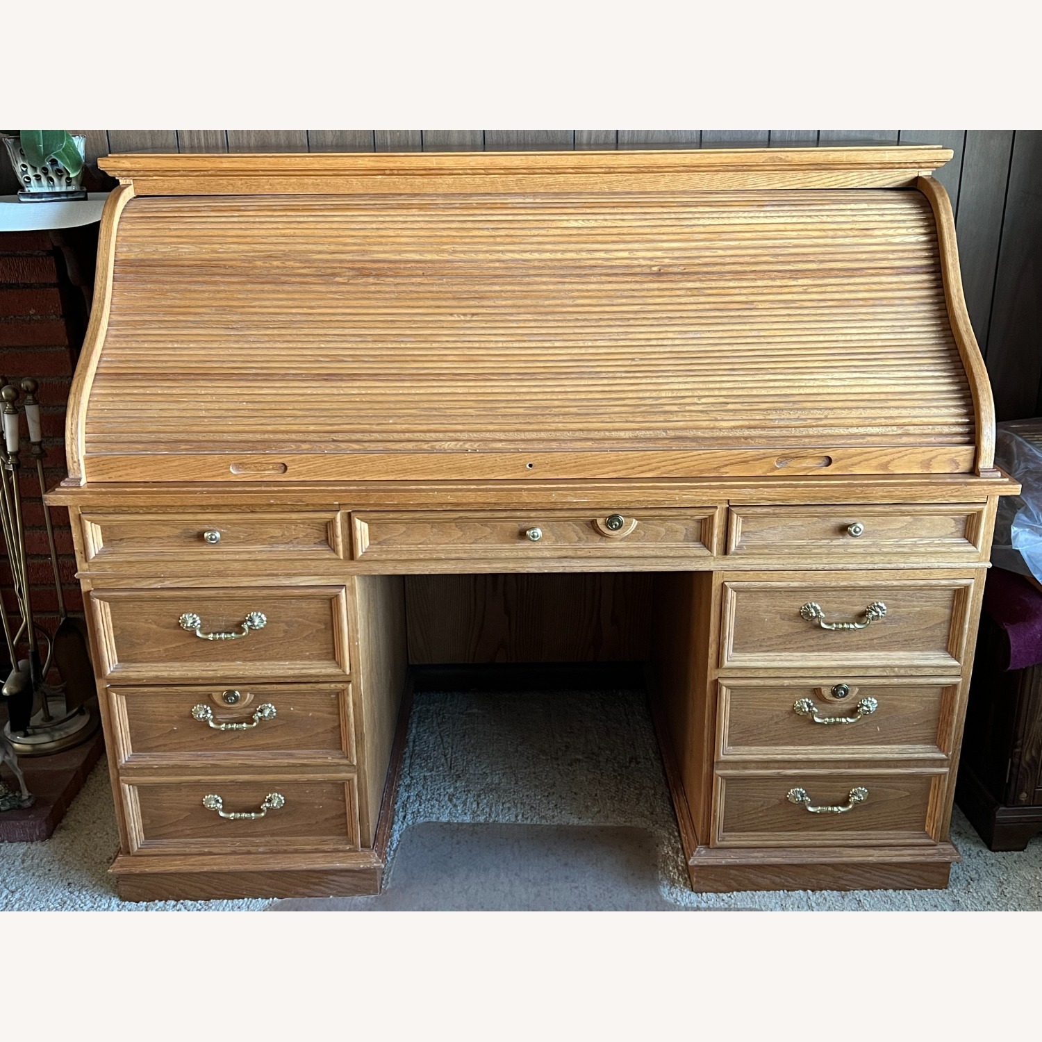 Natural Wood Roll Top Desk with Marble Surface - image-2