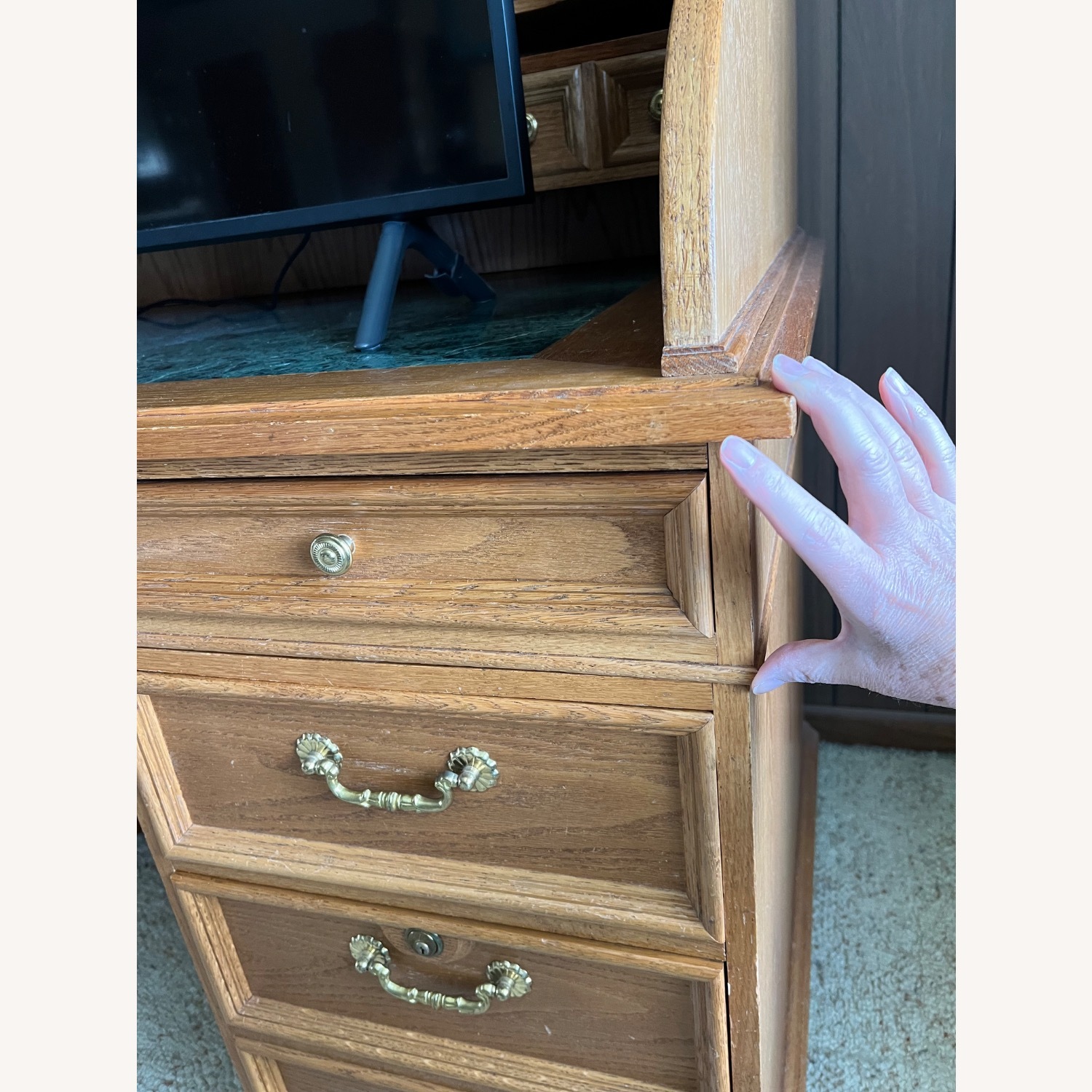 Natural Wood Roll Top Desk with Marble Surface - image-4
