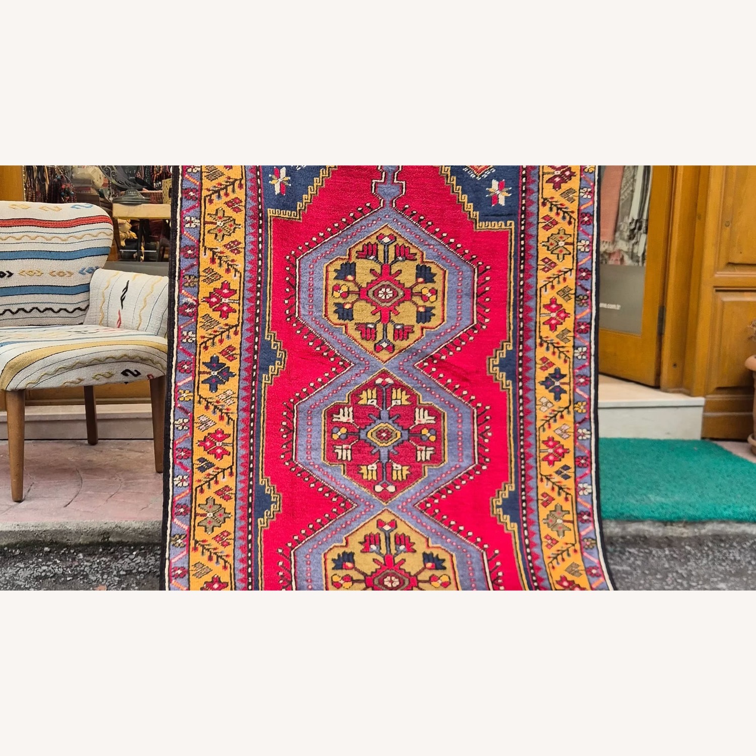 Turkish Red Wool Oriental Runner Rug 1940s - image-2