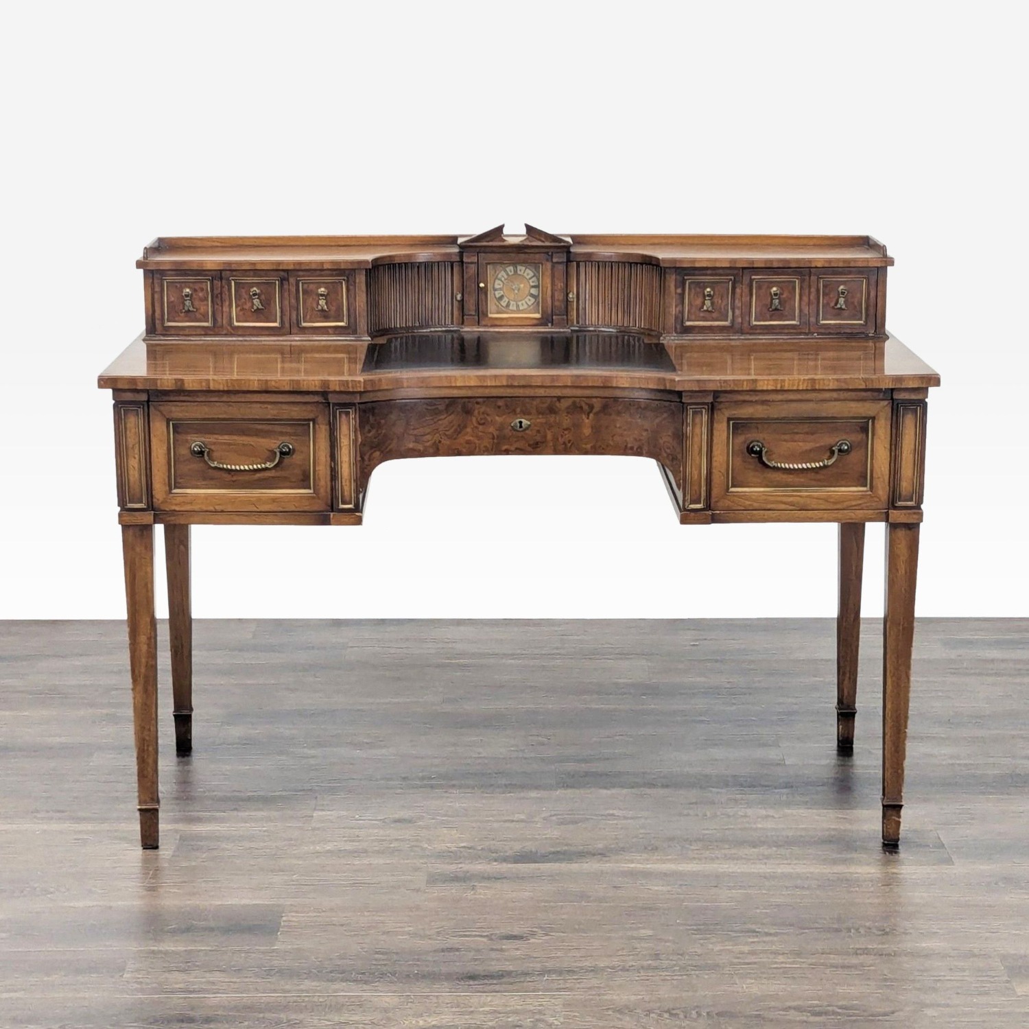 Vintage Wooden Desk with Drawers andBuilt-in Clock - image-0