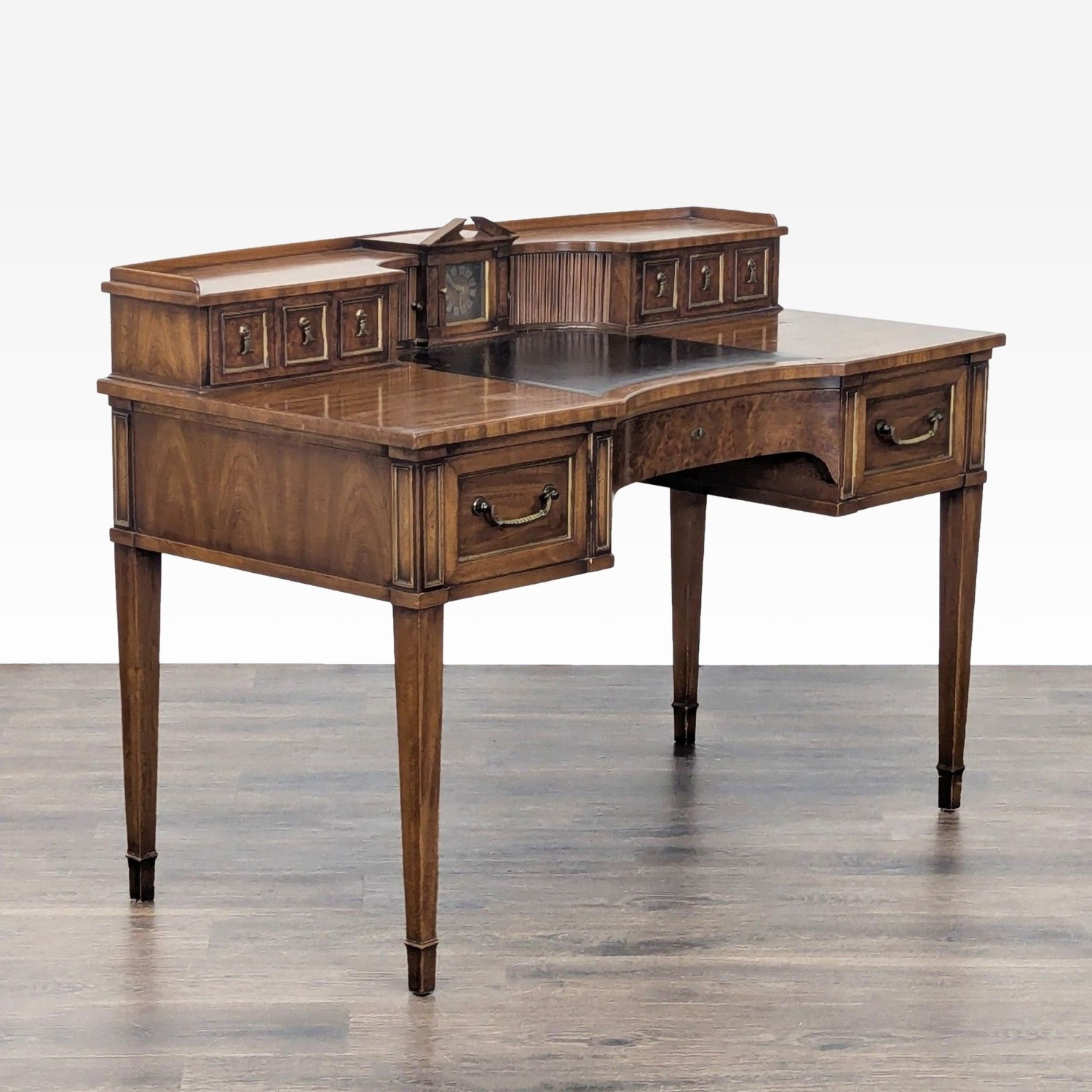 Vintage Wooden Desk with Drawers andBuilt-in Clock - image-3