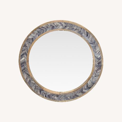 Used Round Wood Mirror with Herringbone Pattern Inlay	 for sale on AptDeco