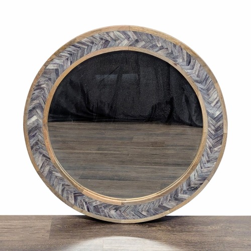 Used Round Wood Mirror with Herringbone Pattern Inlay	 for sale on AptDeco