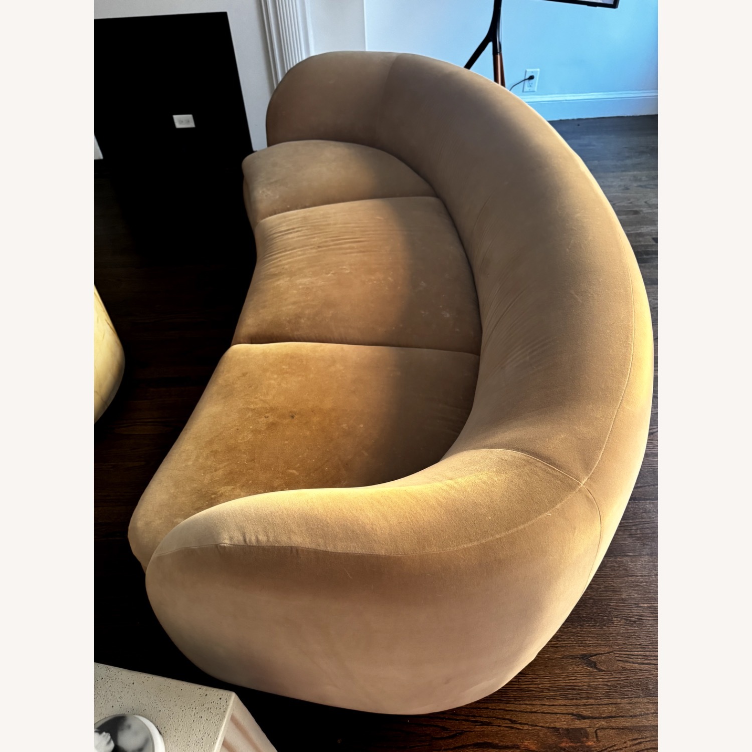 CB2 Camel Velvet Curved Sofas - image-3