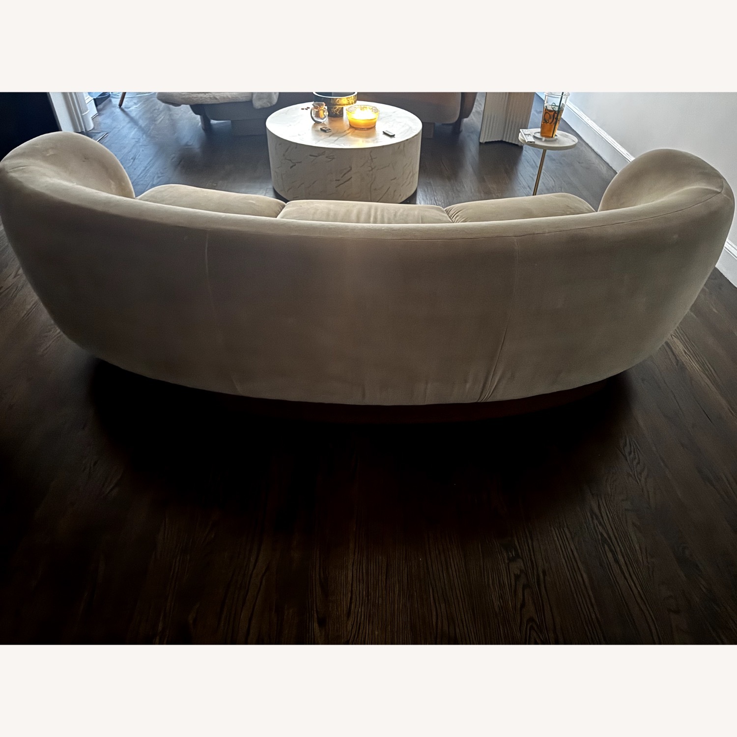 CB2 Camel Velvet Curved Sofas - image-2