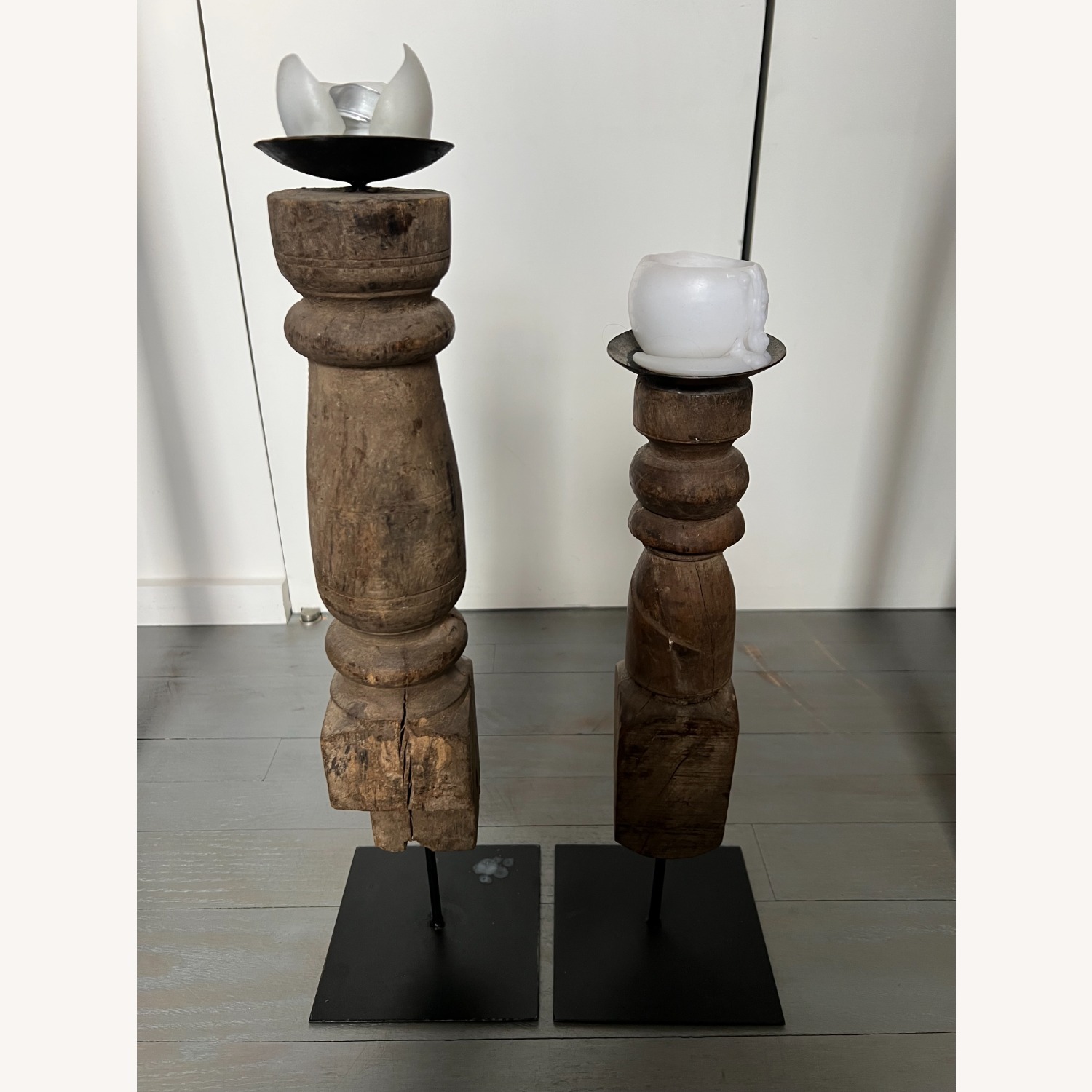 Vintage Wood Pillar Candle Holders 2x - image-2