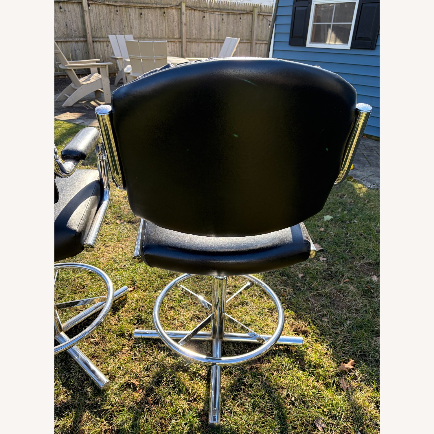 Vintage 1970s Black Leather Stools W Chrome Bases - image-3