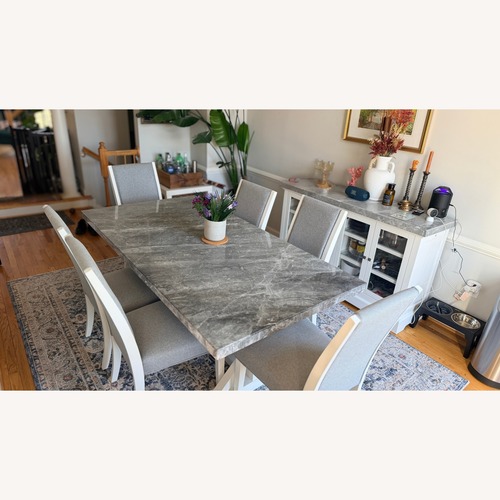 Used Bob's  Light Gray Marble Dining Table and Chairs for sale on AptDeco