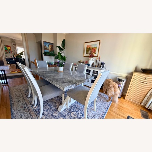 Used Bob's  Light Gray Marble Dining Table and Chairs for sale on AptDeco