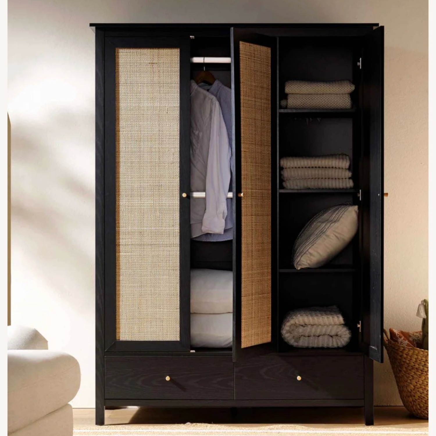 Frances Rattan Triple Closet with 2 Drawers, Black - image-4