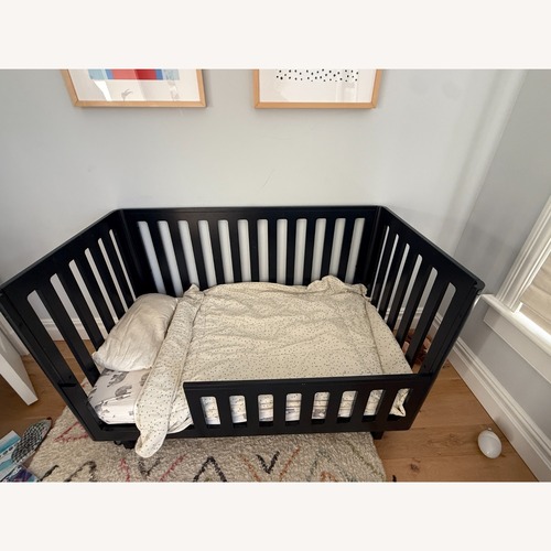 Used Crate & Barrel Sycamore Navy Crib + Toddler Rail for sale on AptDeco