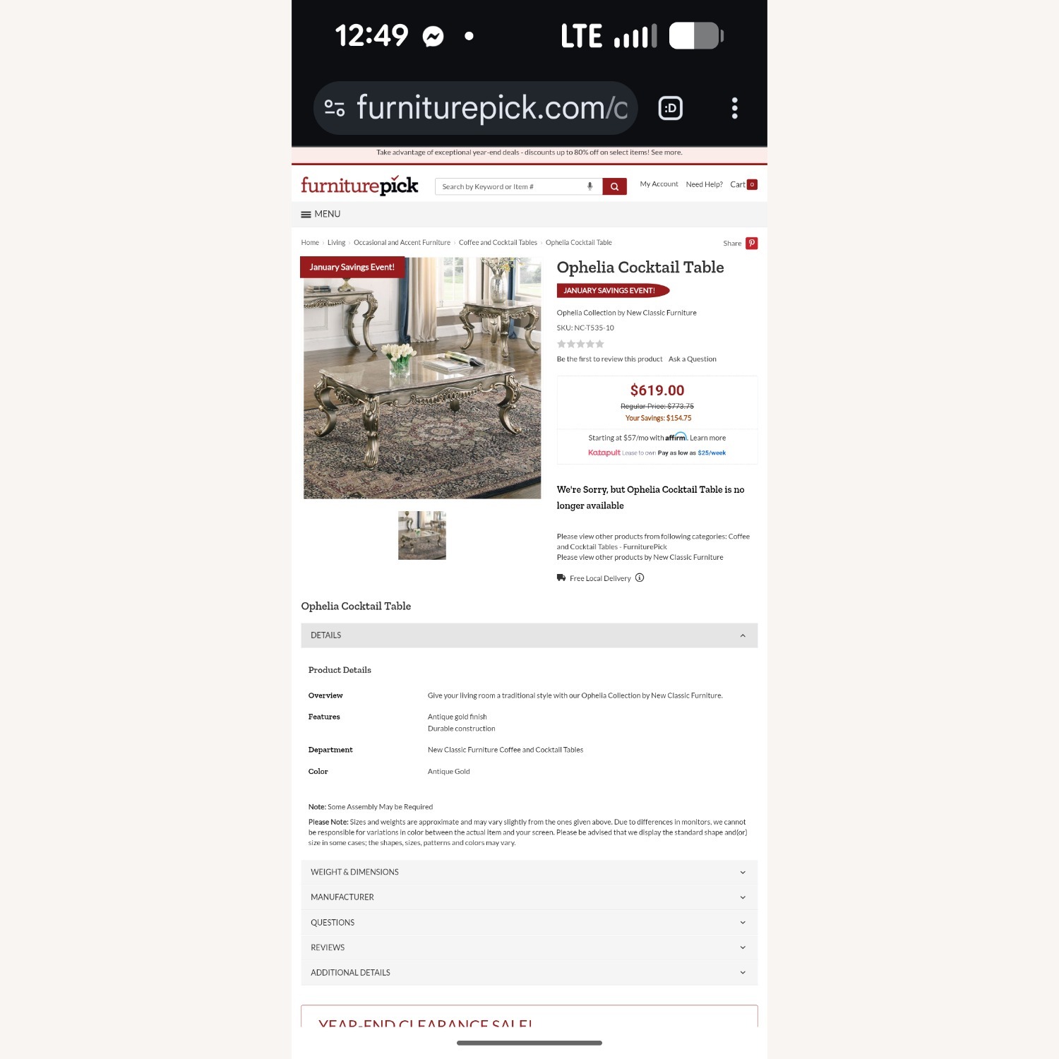 Marbled Cocktail Coffee Table Gold Finish - image-5