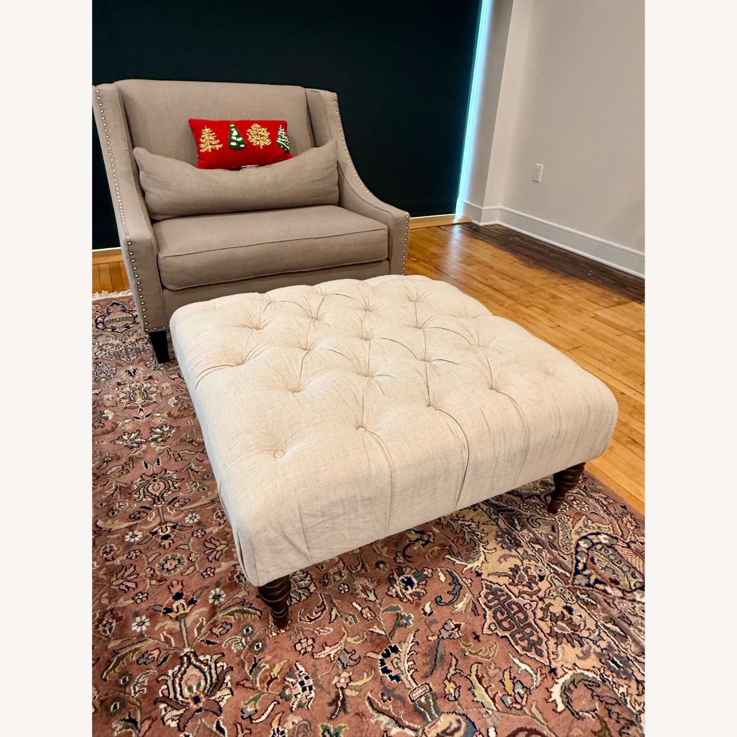 Linen Sandstone Tufted Ottoman - image-0