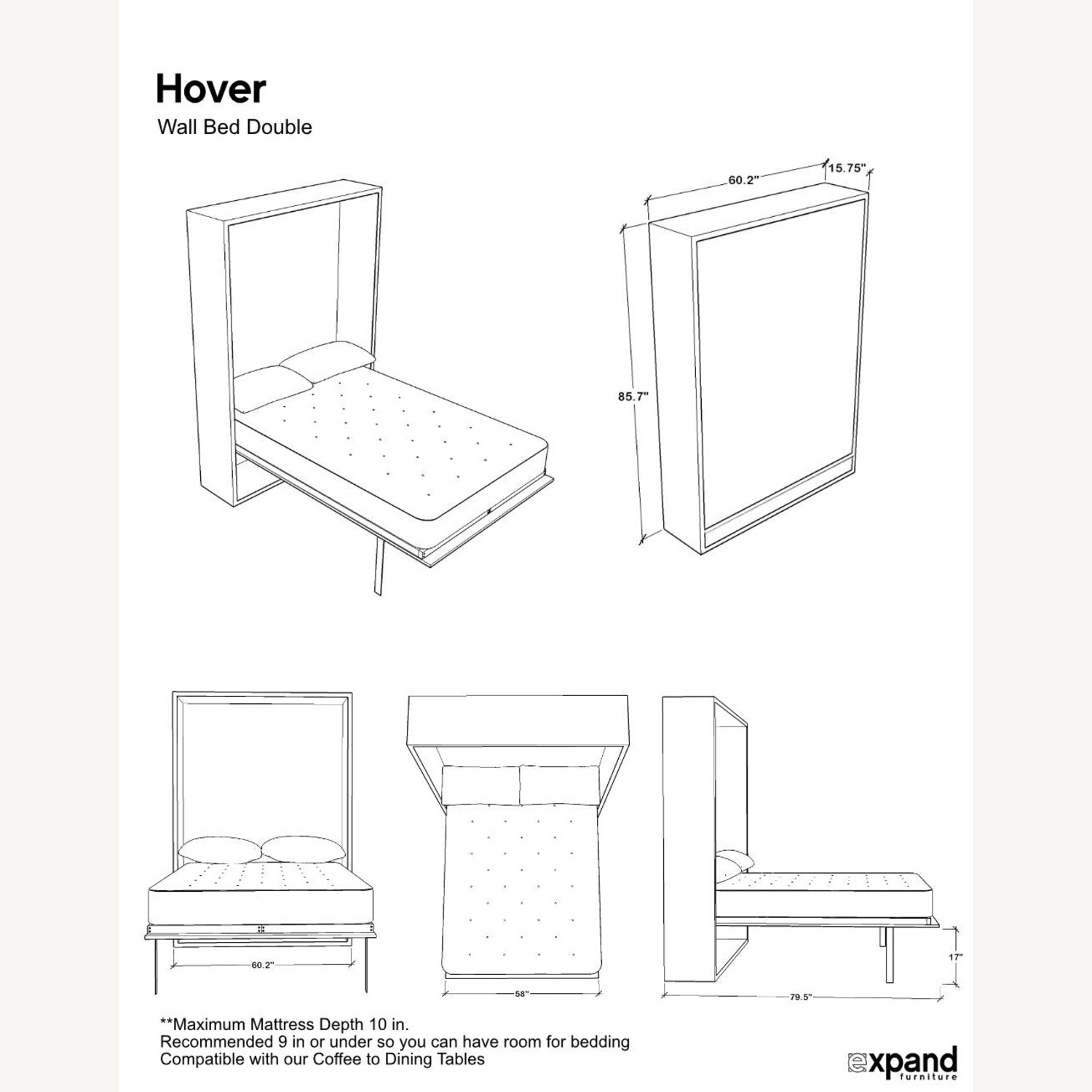 Hover Modern White Double Murphy Bed  - image-2