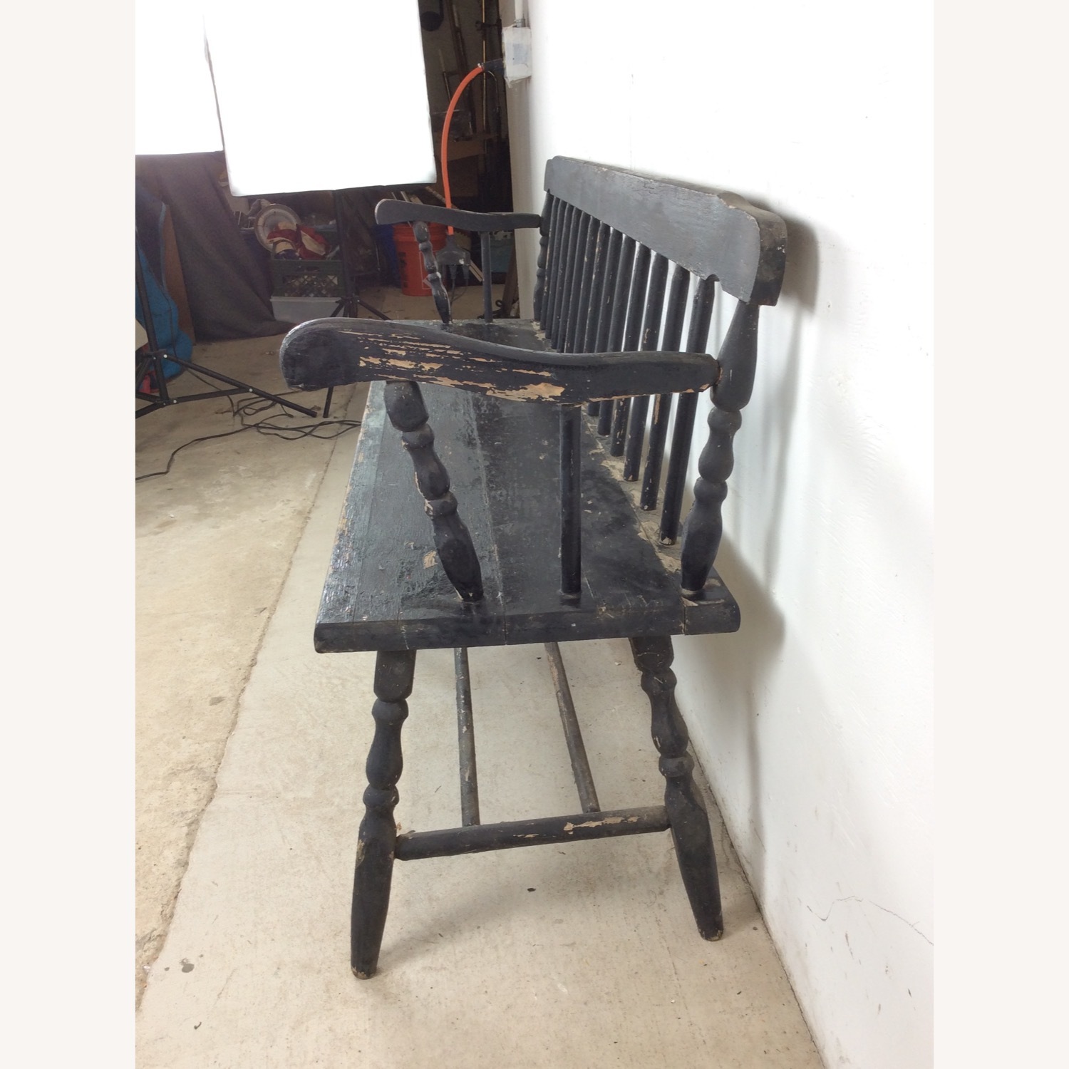 Antique Black Painted Deacons Bench - image-11