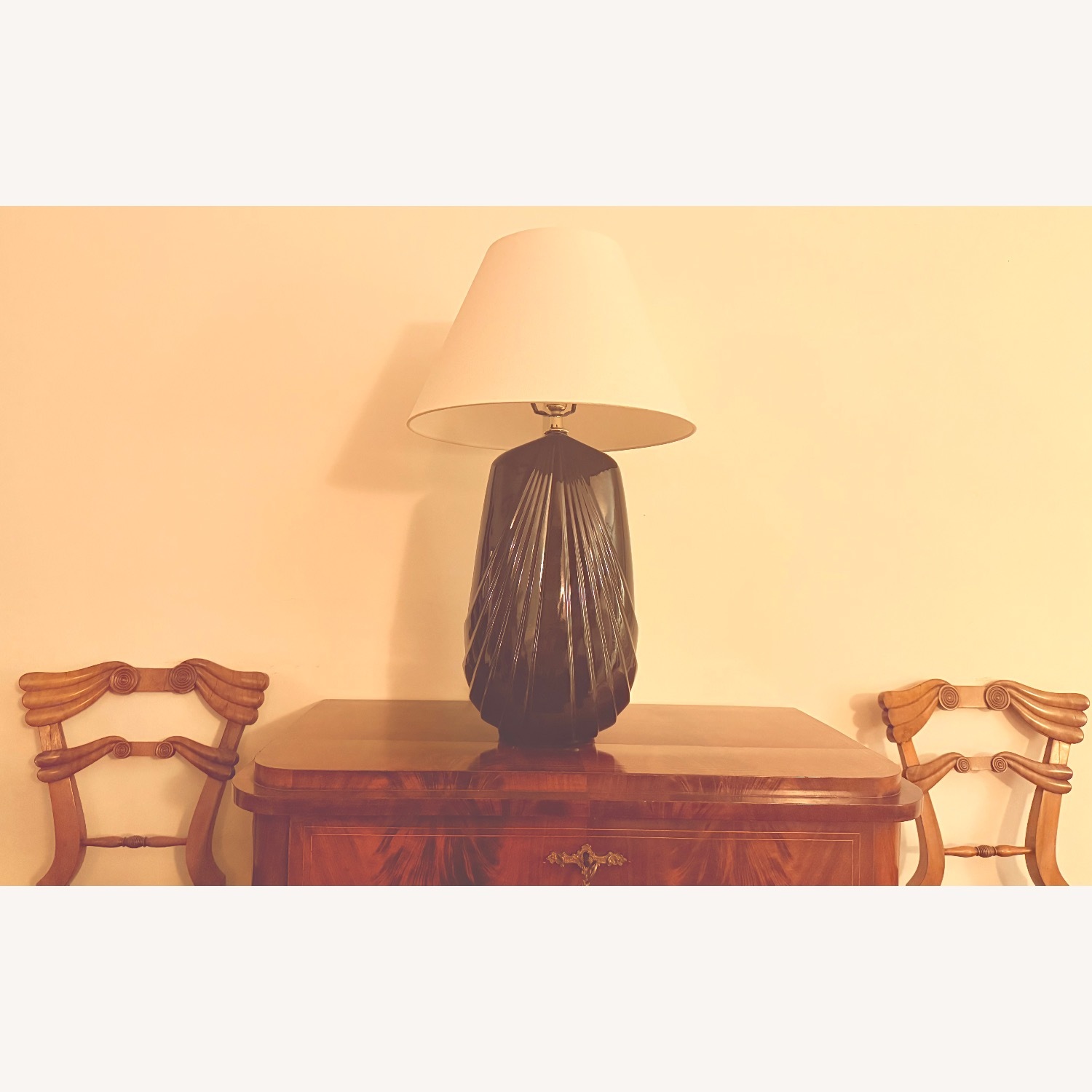 Very large 80s Art Deco Revival Black Ceramic Lamp - image-4