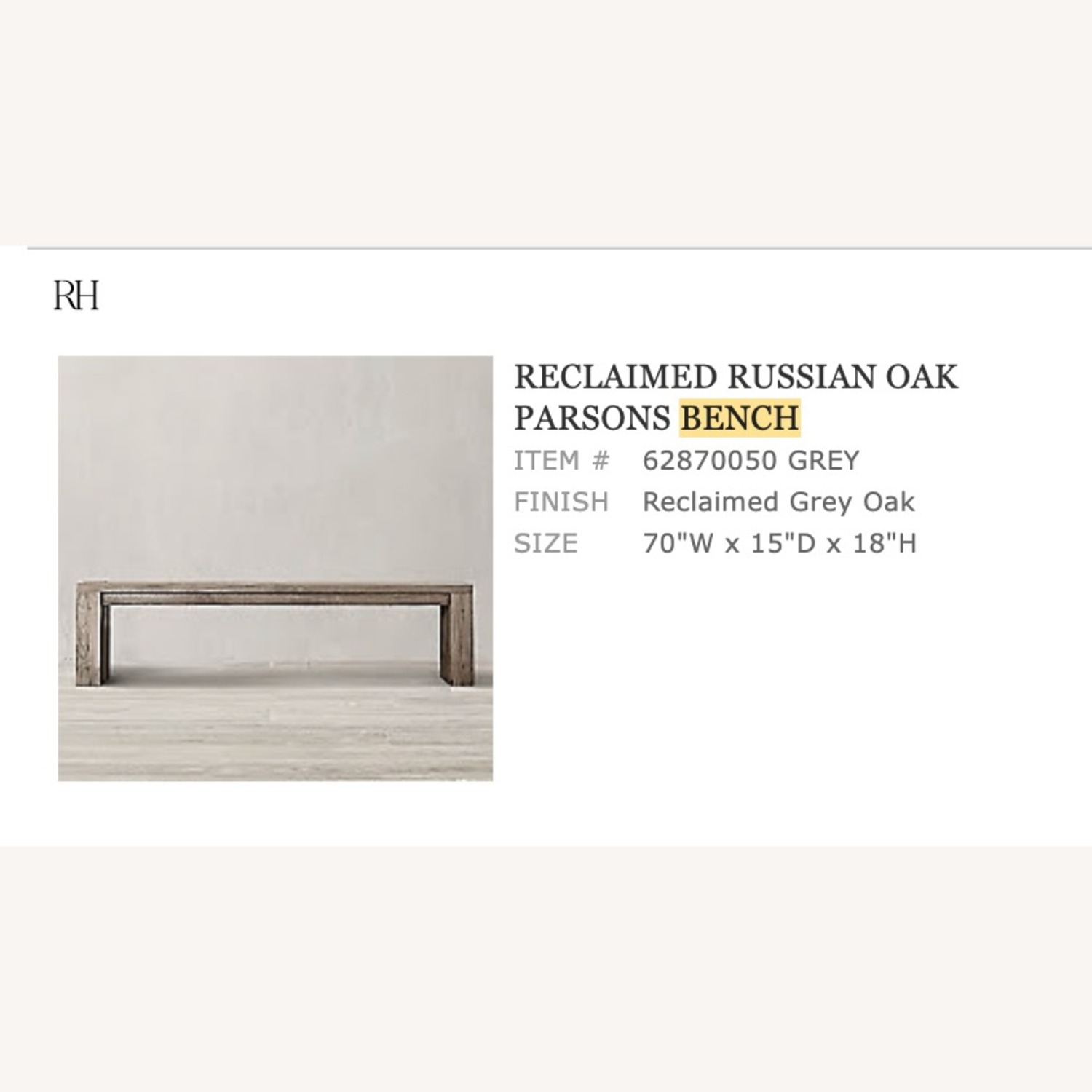 Restoration Hardware Reclaimed Oak Parsons Bench - image-3