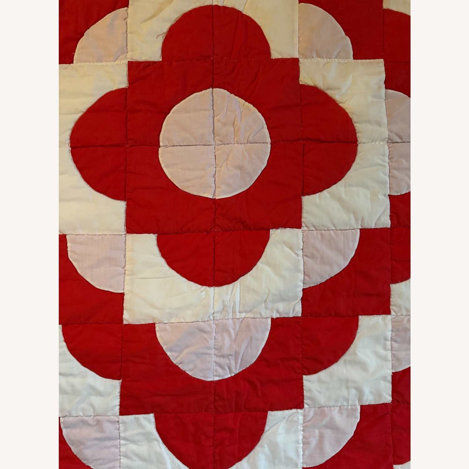 Vintage Red and White Hand Stitched Quilt Coverlet - image-4