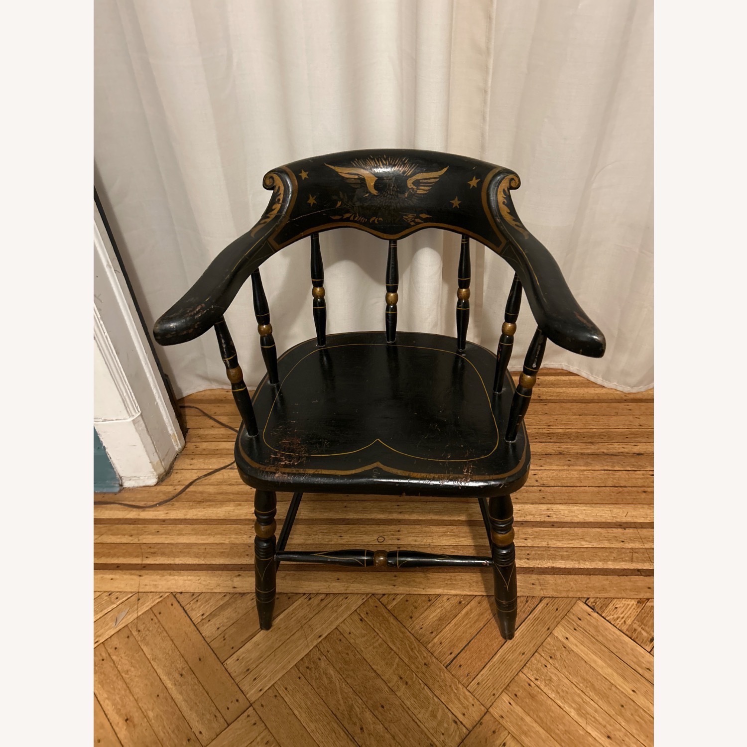 Vintage Black & Gold Eagle Motif Windsor Armchair - image-3