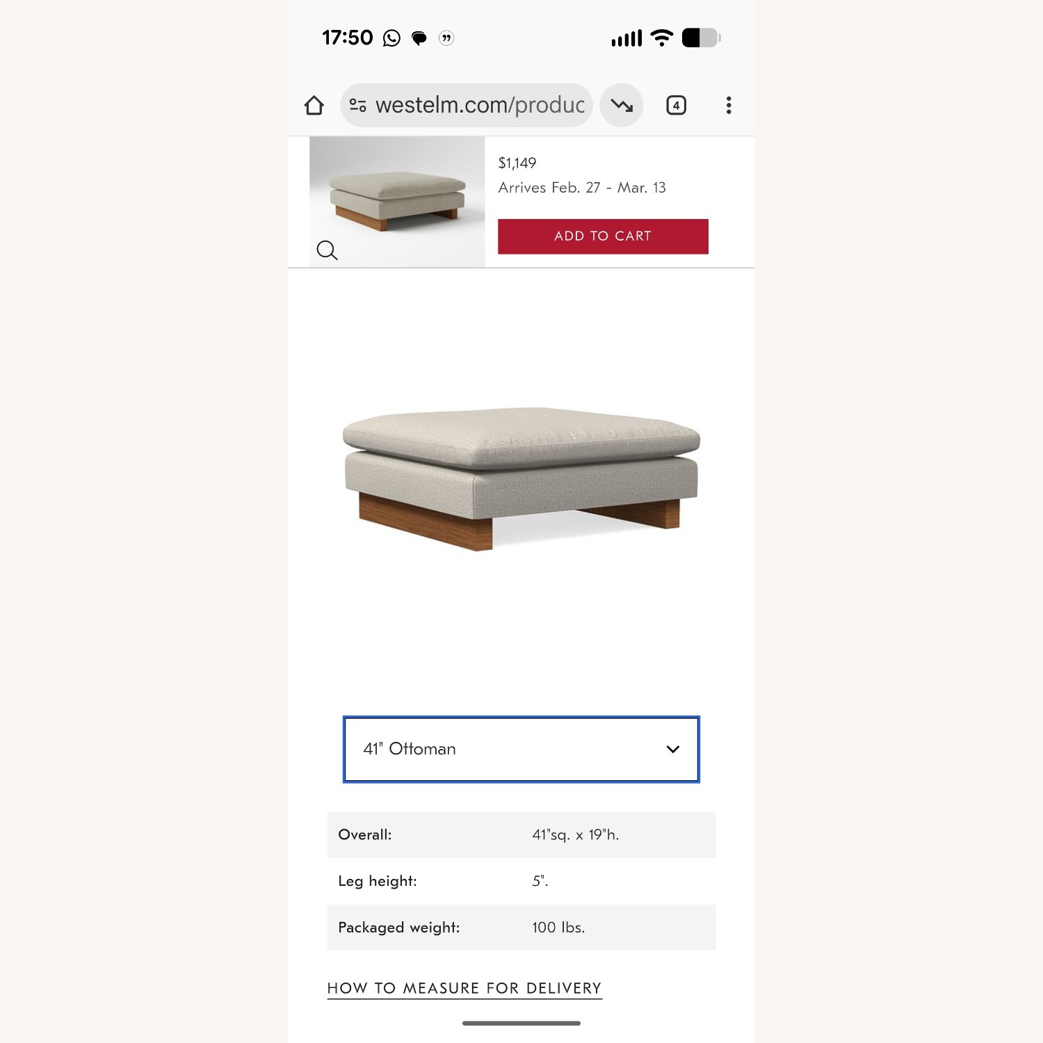 West Elm Harmony Ottoman 41 Inch - image-5