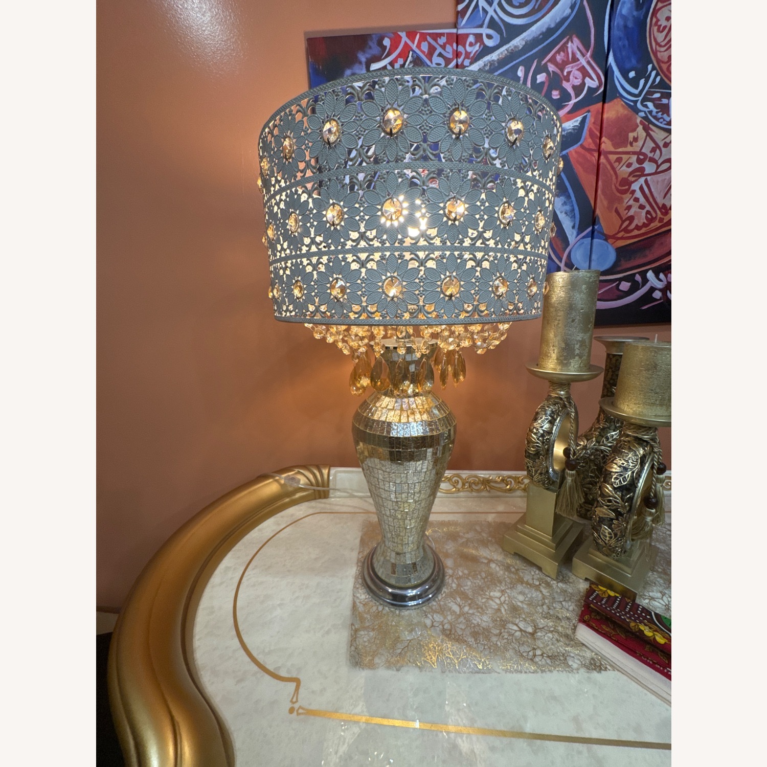 River of Goods Solvang Jeweled Metal/Mosaic Base Cascading Crystal Table Lamp  - image-1