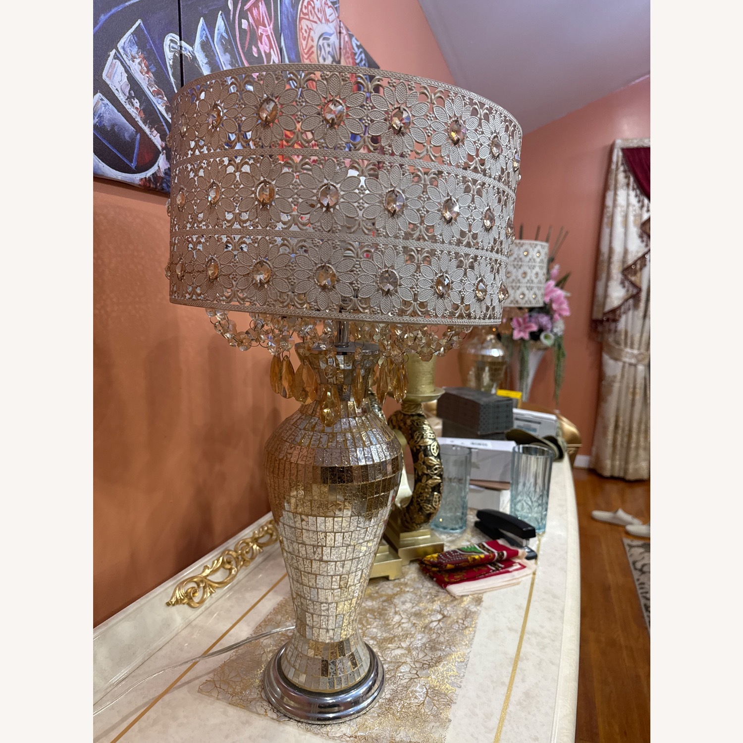 River of Goods Solvang Jeweled Metal/Mosaic Base Cascading Crystal Table Lamp  - image-3