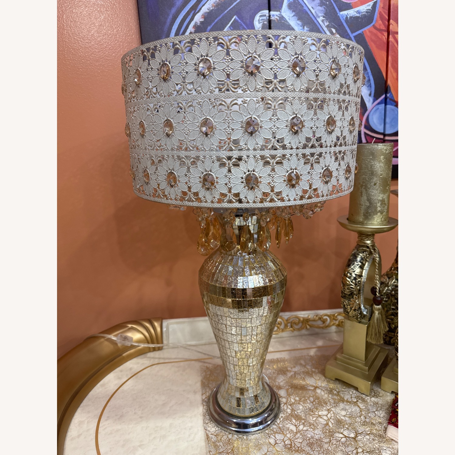 River of Goods Solvang Jeweled Metal/Mosaic Base Cascading Crystal Table Lamp  - image-2