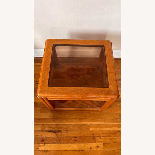 Used Light Brown Wood Side Glass Top Tables for sale on AptDeco