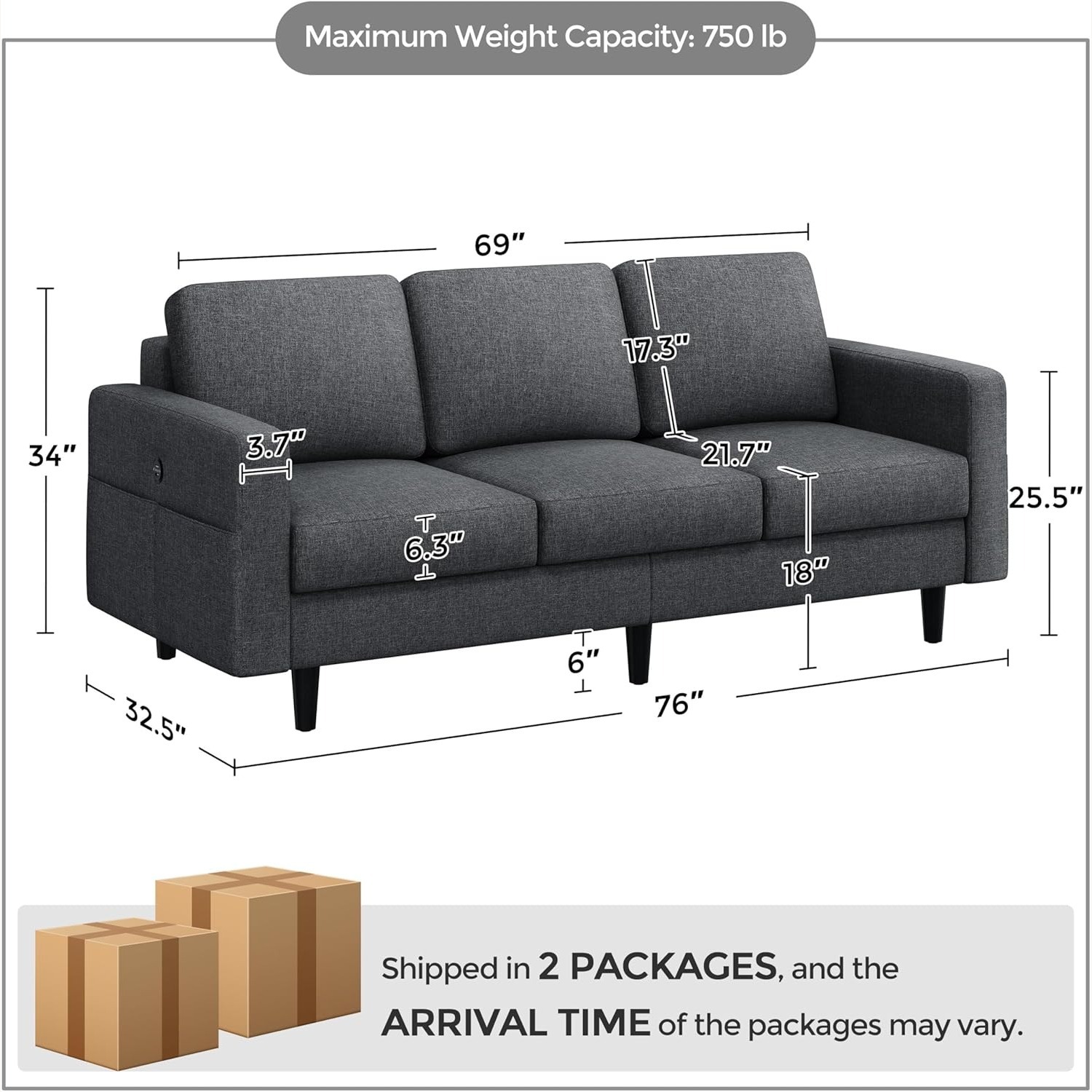 Amazon Dark Gray Fabric 3 Seater Sofa - image-2