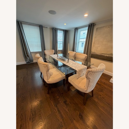 Used Steve Silver Co. Glass Dining Table Espresso Cherry Base 6 Chairs for sale on AptDeco