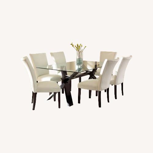 Used Steve Silver Co. Glass Dining Table Espresso Cherry Base 6 Chairs for sale on AptDeco