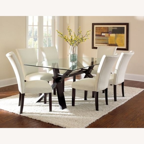 Used Steve Silver Co. Glass Dining Table Espresso Cherry Base 6 Chairs for sale on AptDeco