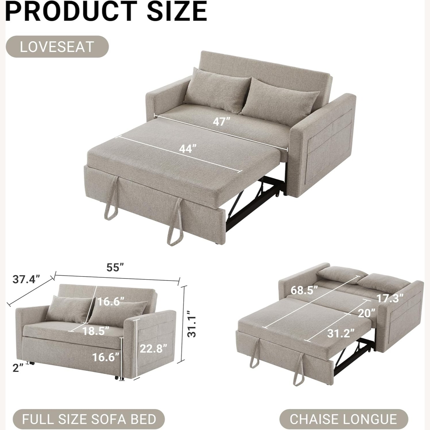 NOORDENIYA Light Gray Convertible Sofa Bed - image-2