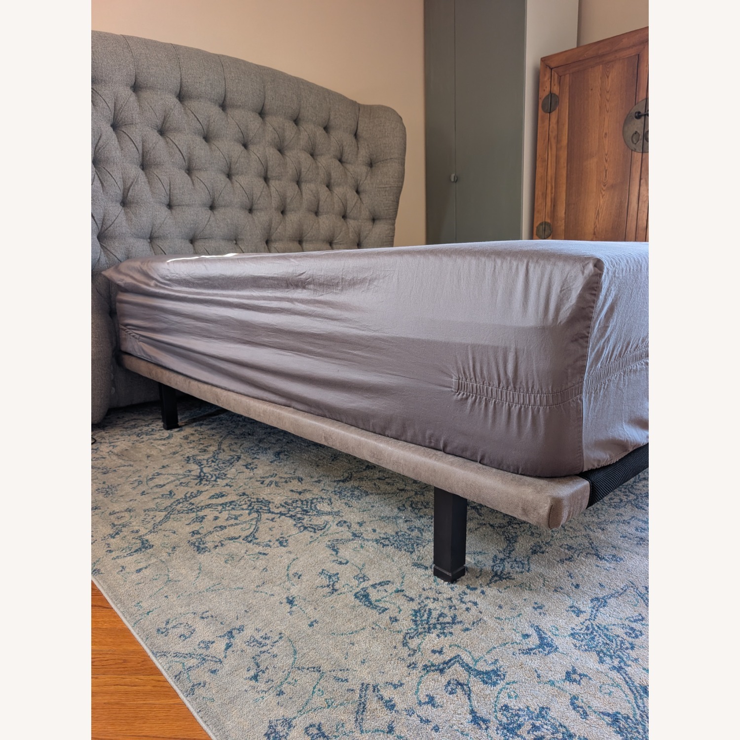 Custom Made Suede Bed Base with Wooden Legs - image-3
